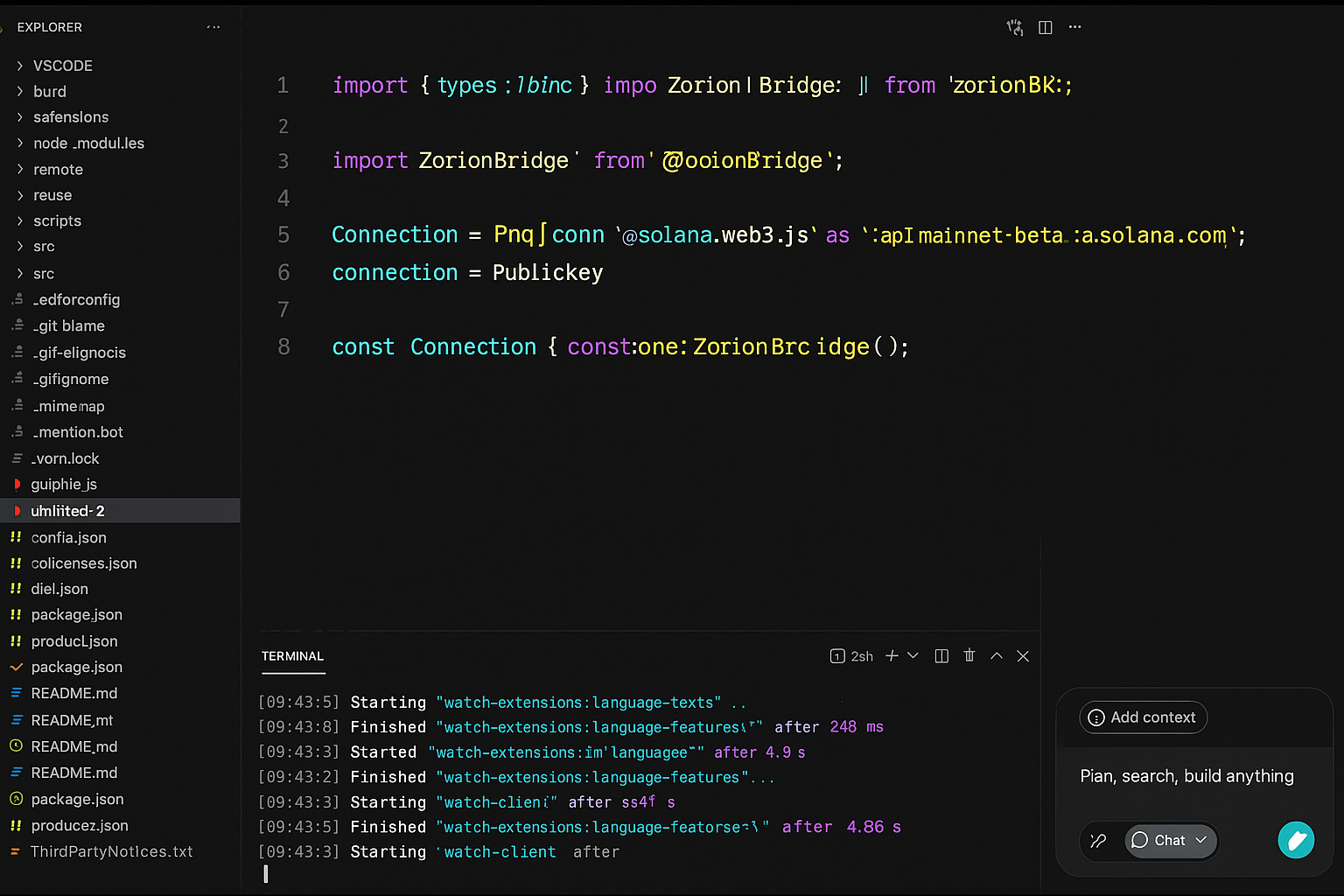 VS Code editor showing Zorion Bridge SDK implementation code